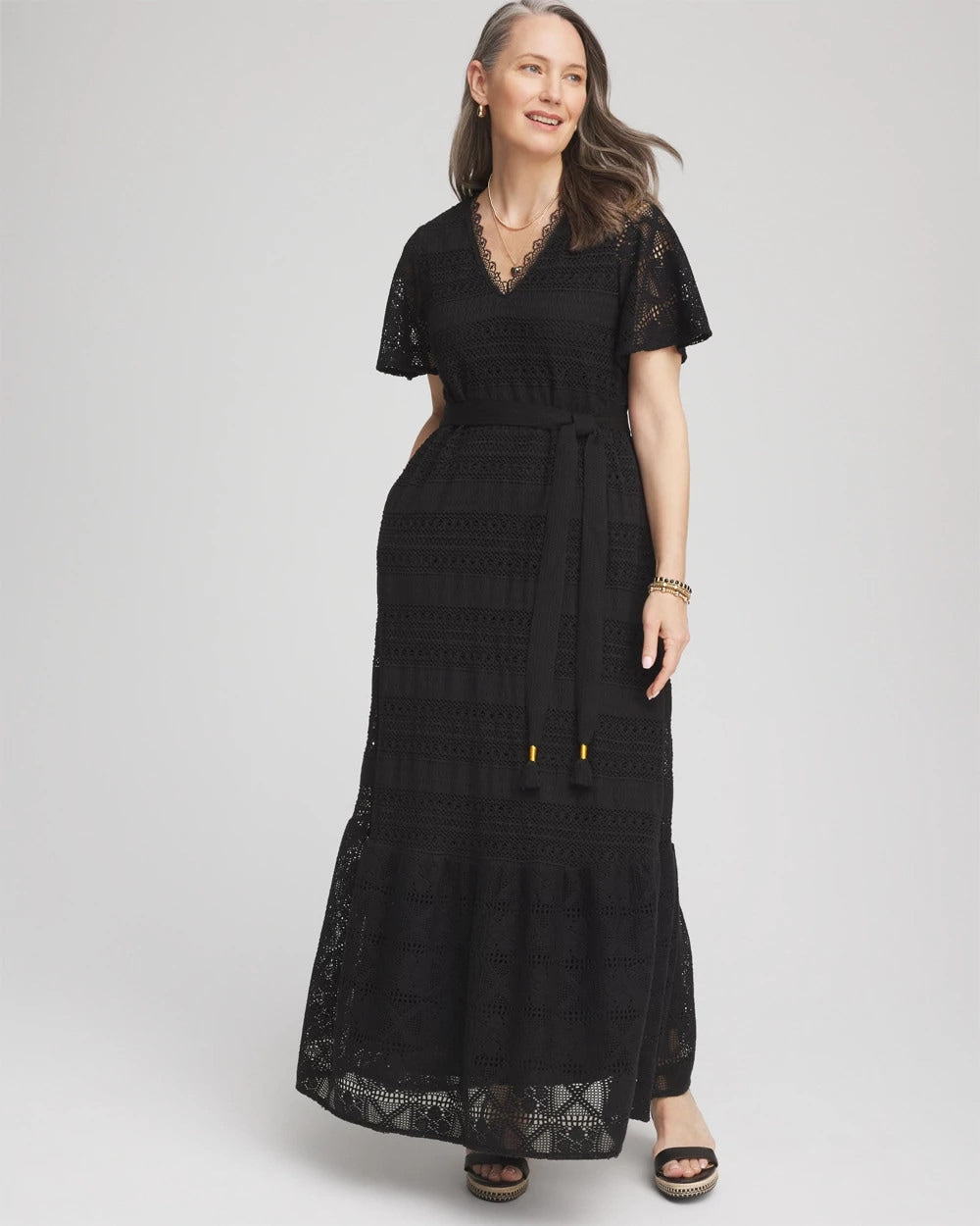 Chico's | Petite Crochet-Lace Maxi Dress/ Black