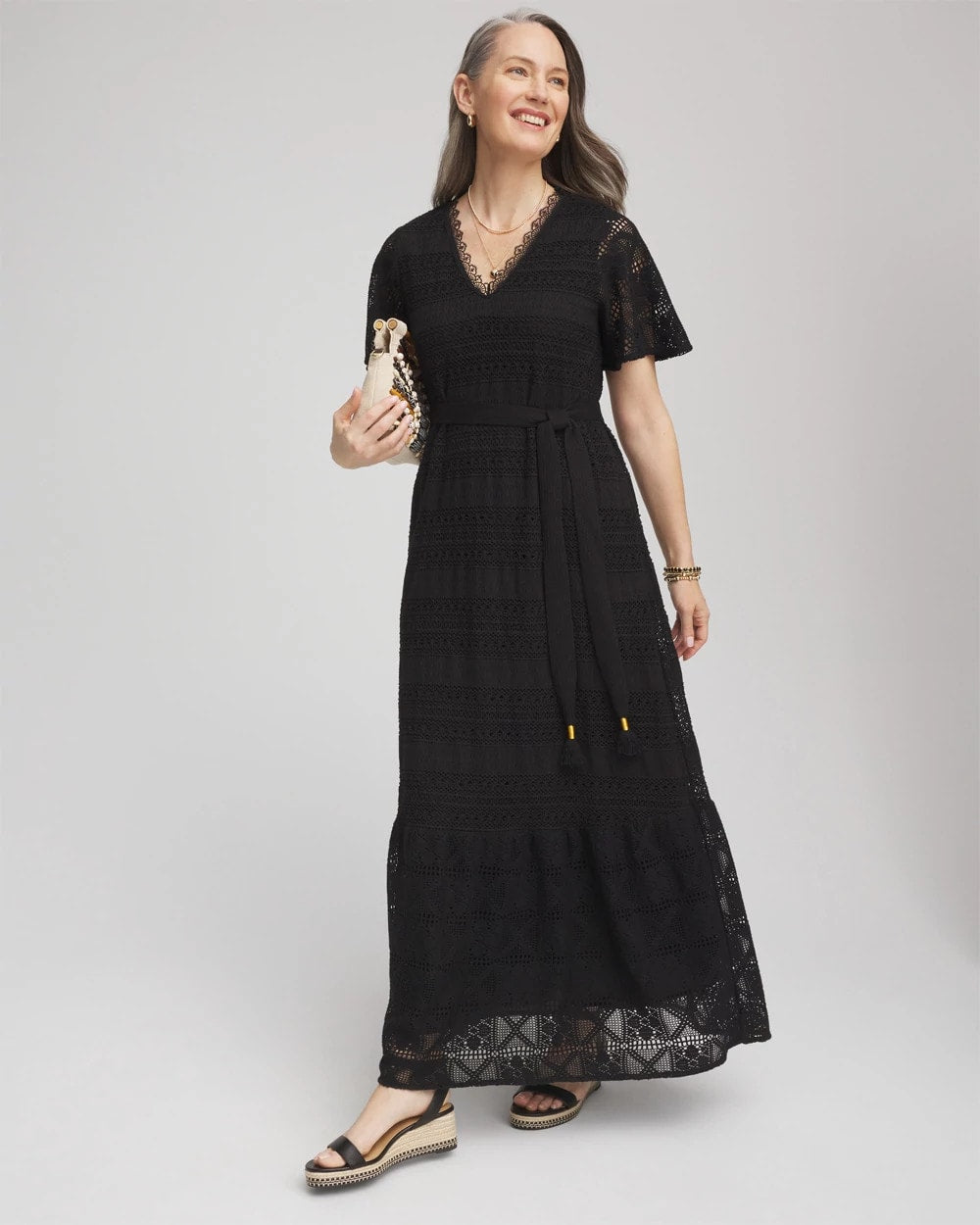 Chico's | Petite Crochet-Lace Maxi Dress/ Black