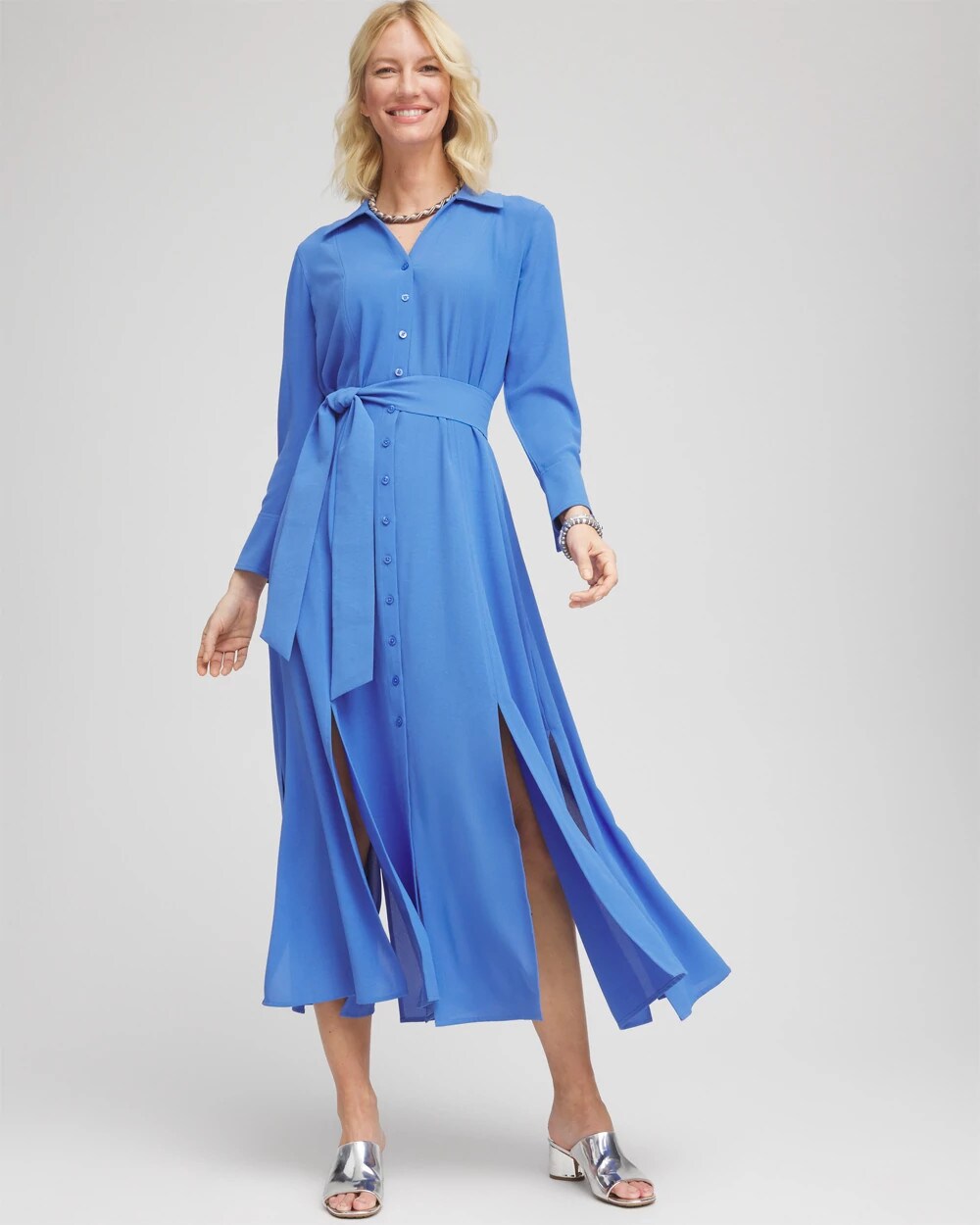 Chico's | Belted Split Hem Maxi Shirtdress/ Blue Pearl