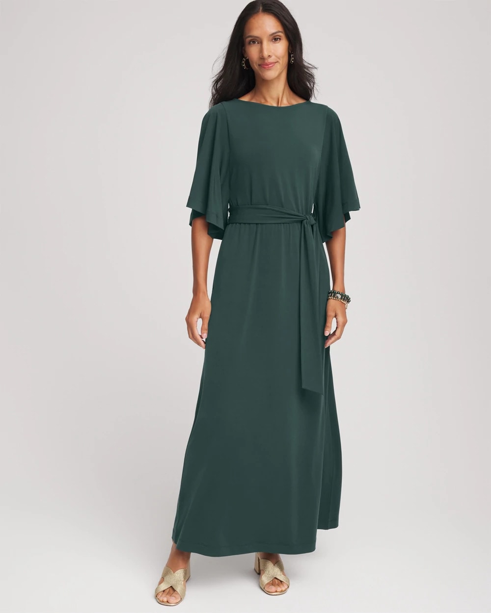 Chico's | Belted Flutter-Sleeve Maxi Dress/ Darkest Spruce
