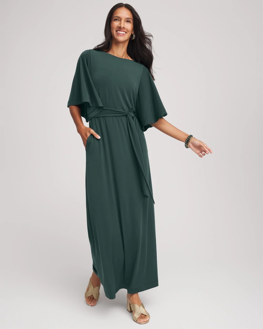 Chico's | Belted Flutter-Sleeve Maxi Dress/ Darkest Spruce