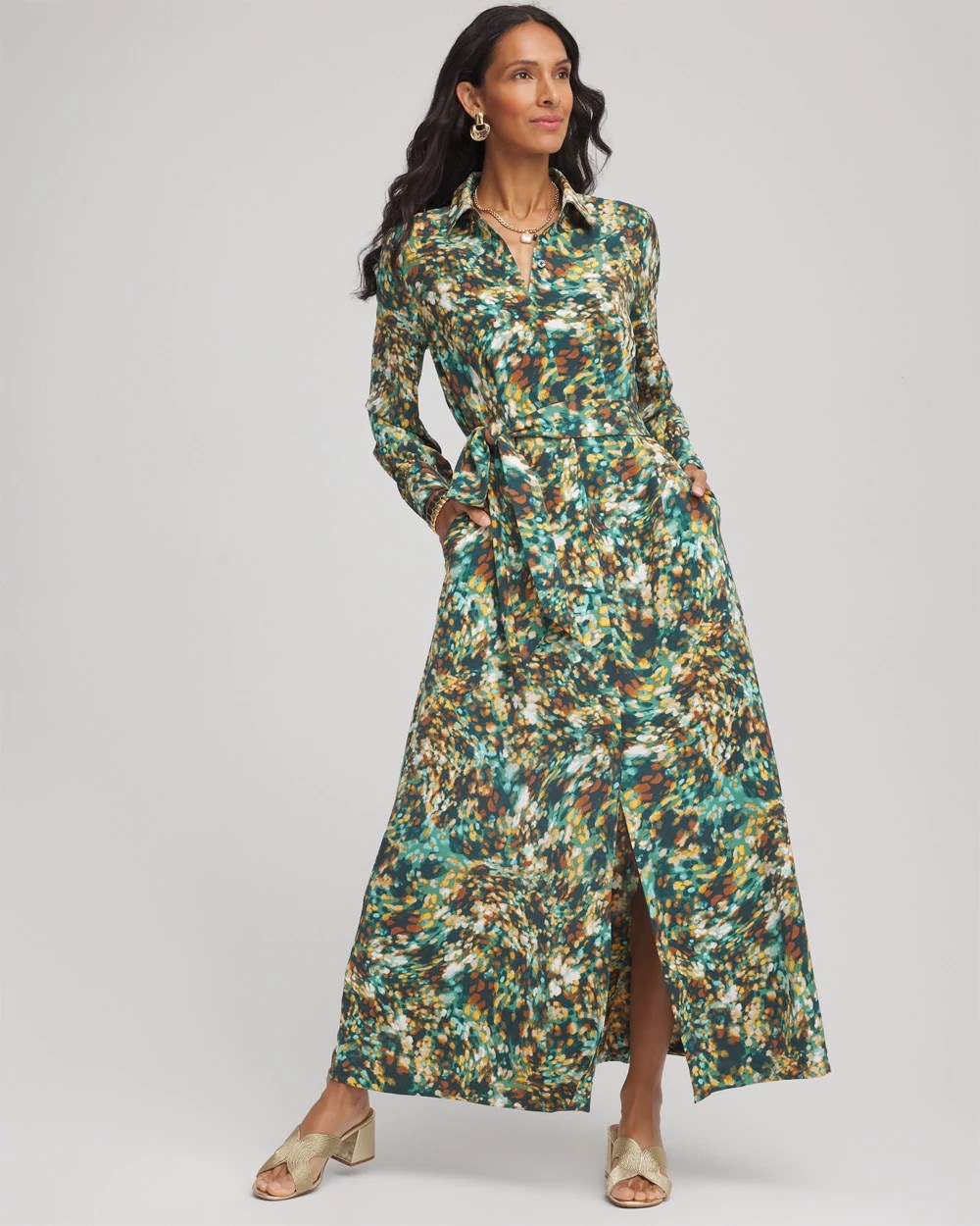 Chico's | Printed Long-Sleeved Shirtdress/ Darkest Spruce