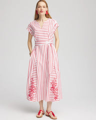 Chico's | Embroidered Godet Striped Maxi Dress/ Alabaster