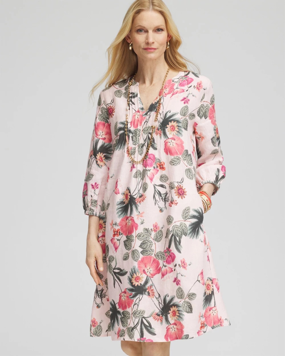 Chico's | Floral Linen Pintuck 3/4 Sleeved Dress/ Multi