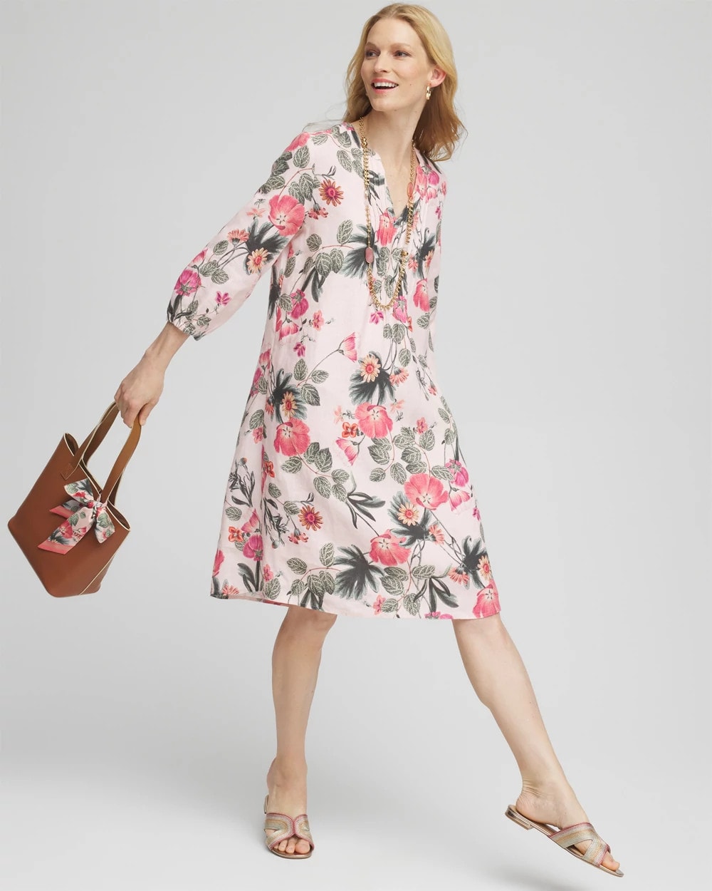 Chico's | Floral Linen Pintuck 3/4 Sleeved Dress/ Multi