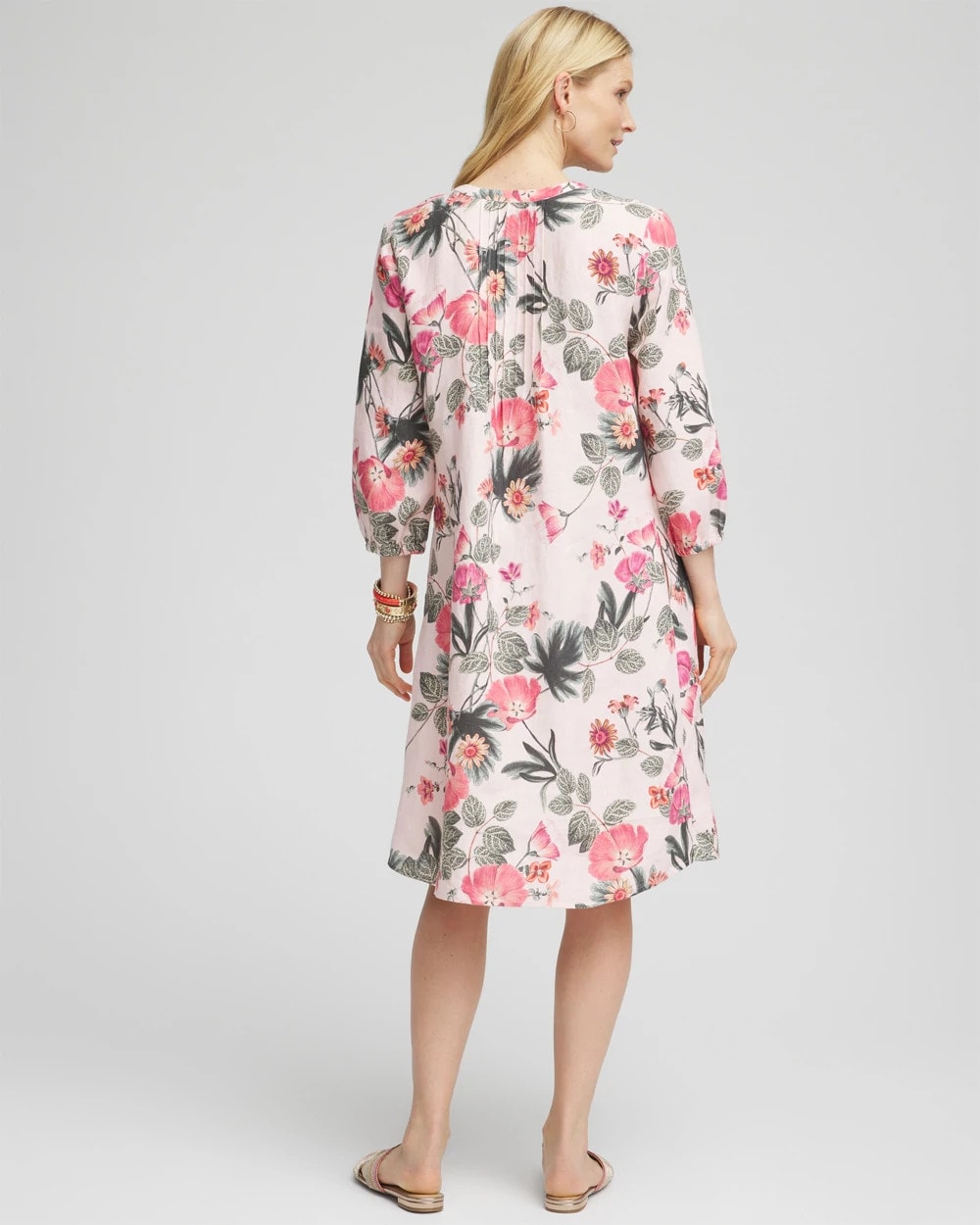 Chico's | Floral Linen Pintuck 3/4 Sleeved Dress/ Multi