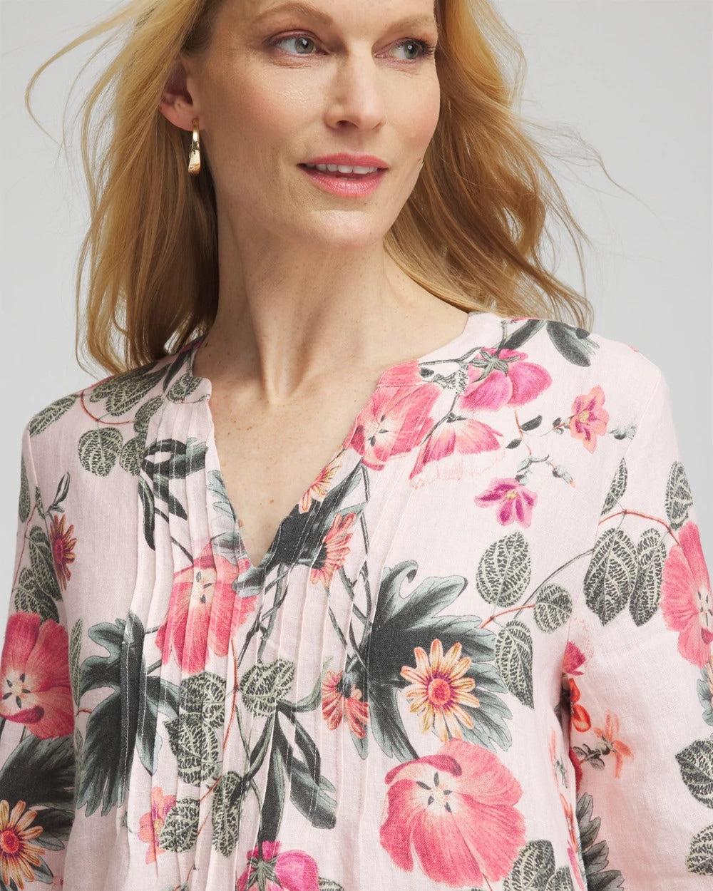 Chico's | Floral Linen Pintuck 3/4 Sleeved Dress/ Multi
