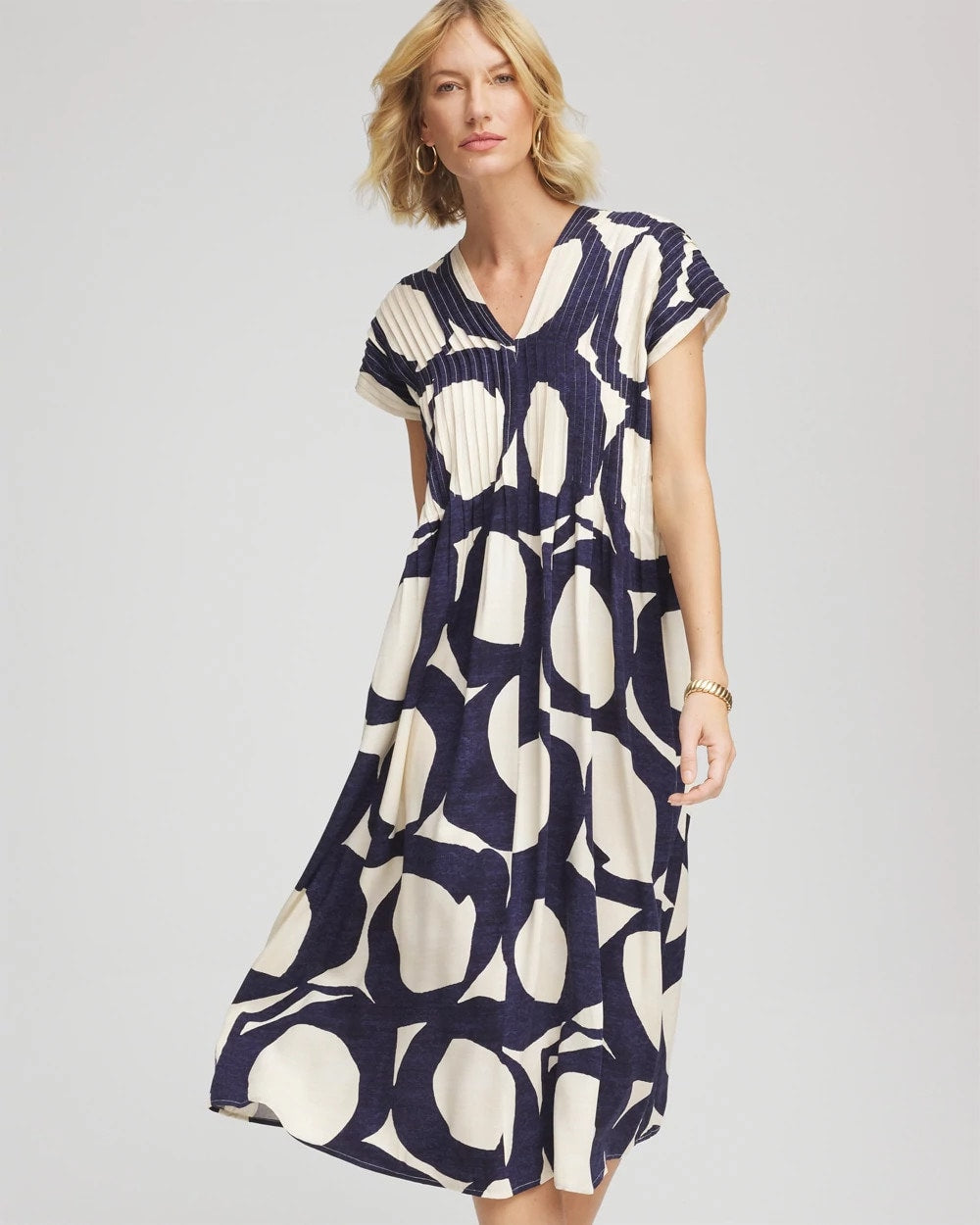 Chico's | Printed Silk-Twill Popover Midi Dress/ Passport Blue