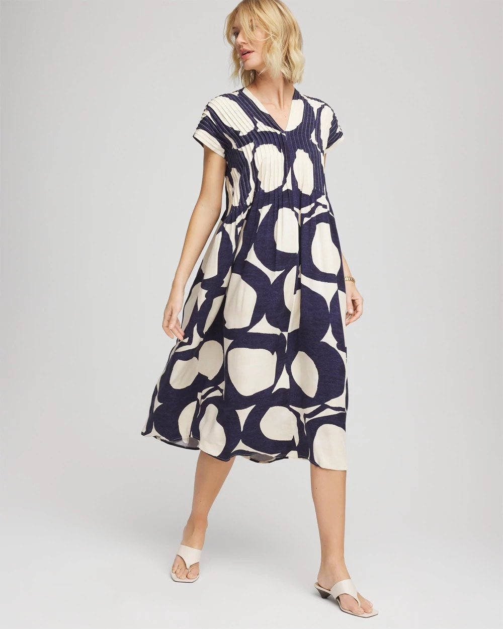 Chico's | Printed Silk-Twill Popover Midi Dress/ Passport Blue