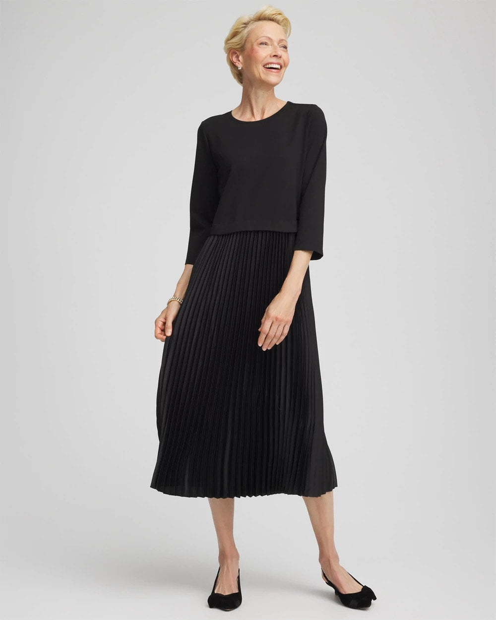 Chico's | Satin-Knit Pleated Maxi Dress/ Black