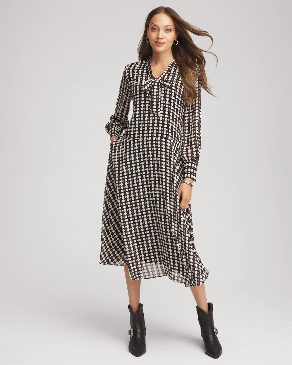 Chico's | Chiffon Clip-Dot Tie-Neck Dress/ Black