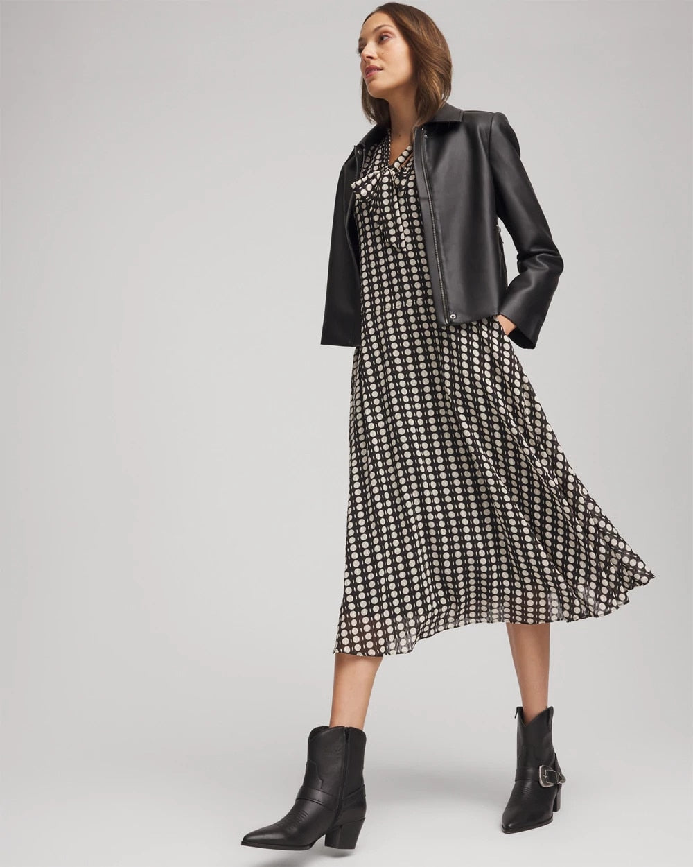 Chico's | Chiffon Clip-Dot Tie-Neck Dress/ Black