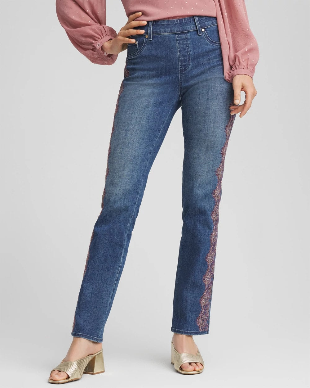 Chico's | Lace Embroidered Pull-On Straight Jeans/ Alpine Indigo
