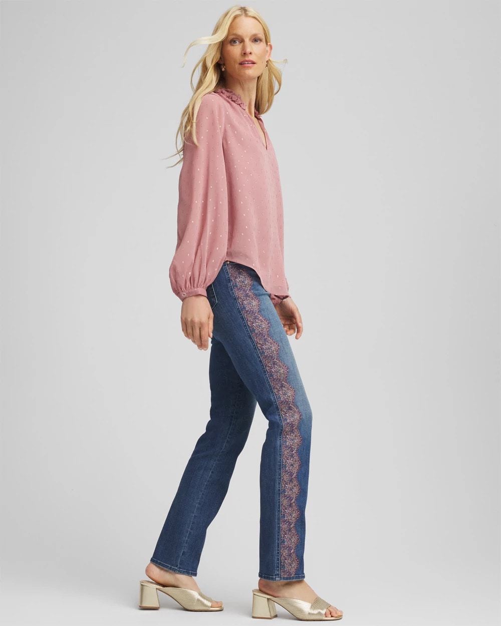 Chico's | Lace Embroidered Pull-On Straight Jeans/ Alpine Indigo