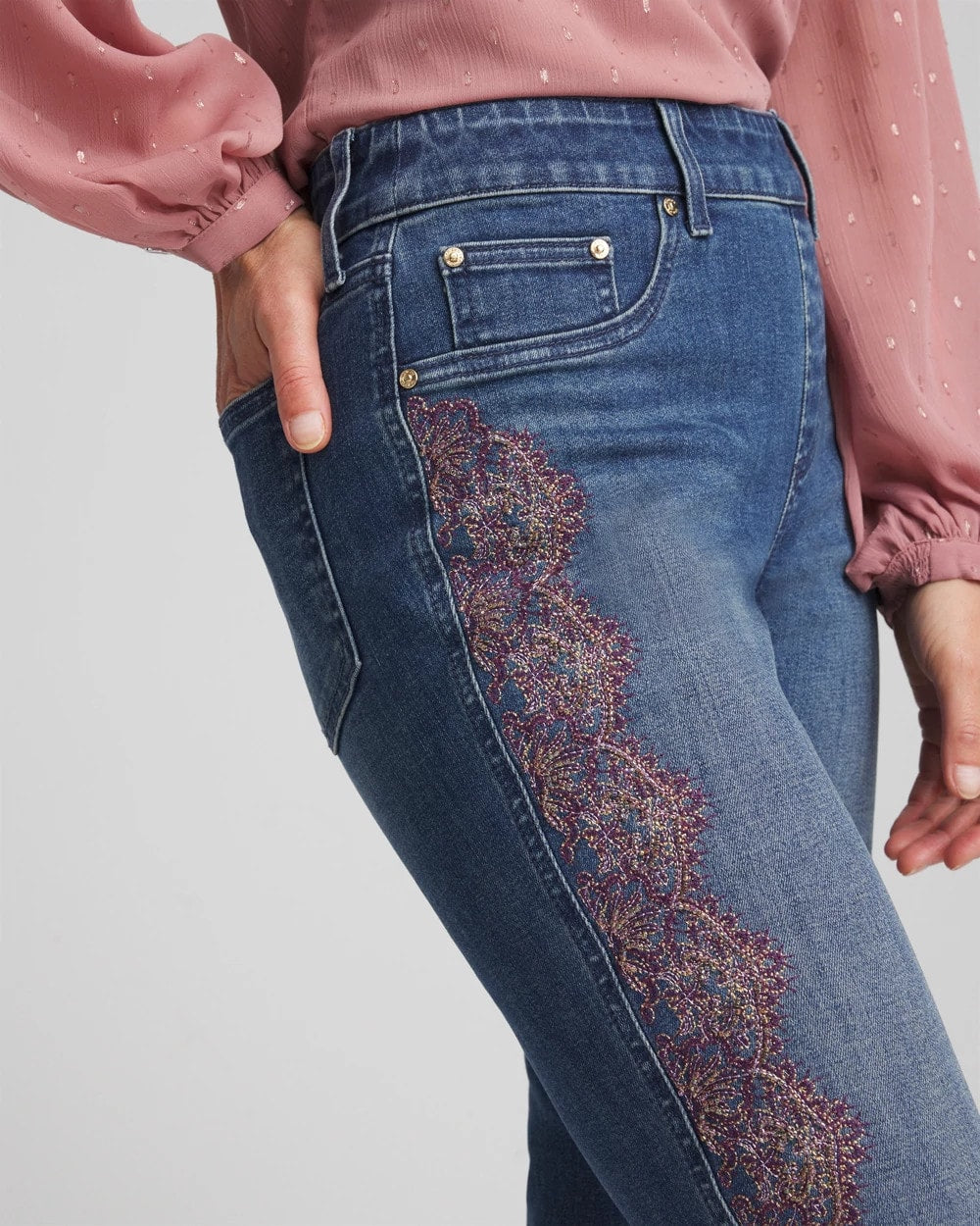 Chico's | Lace Embroidered Pull-On Straight Jeans/ Alpine Indigo