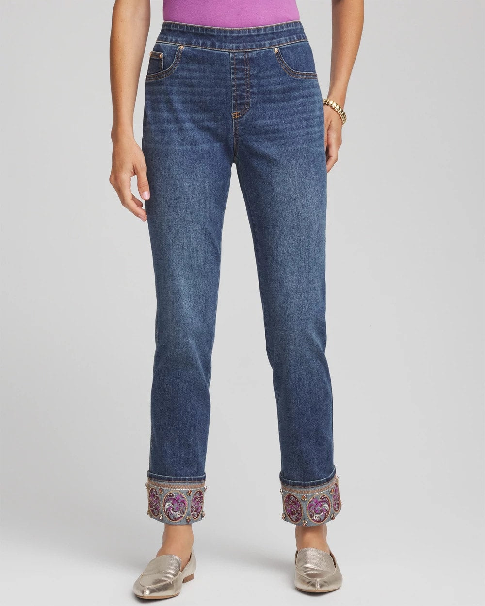 Chico's | Embellished Pull-On Slim Ankle Jeggings/ Buttercup Indigo