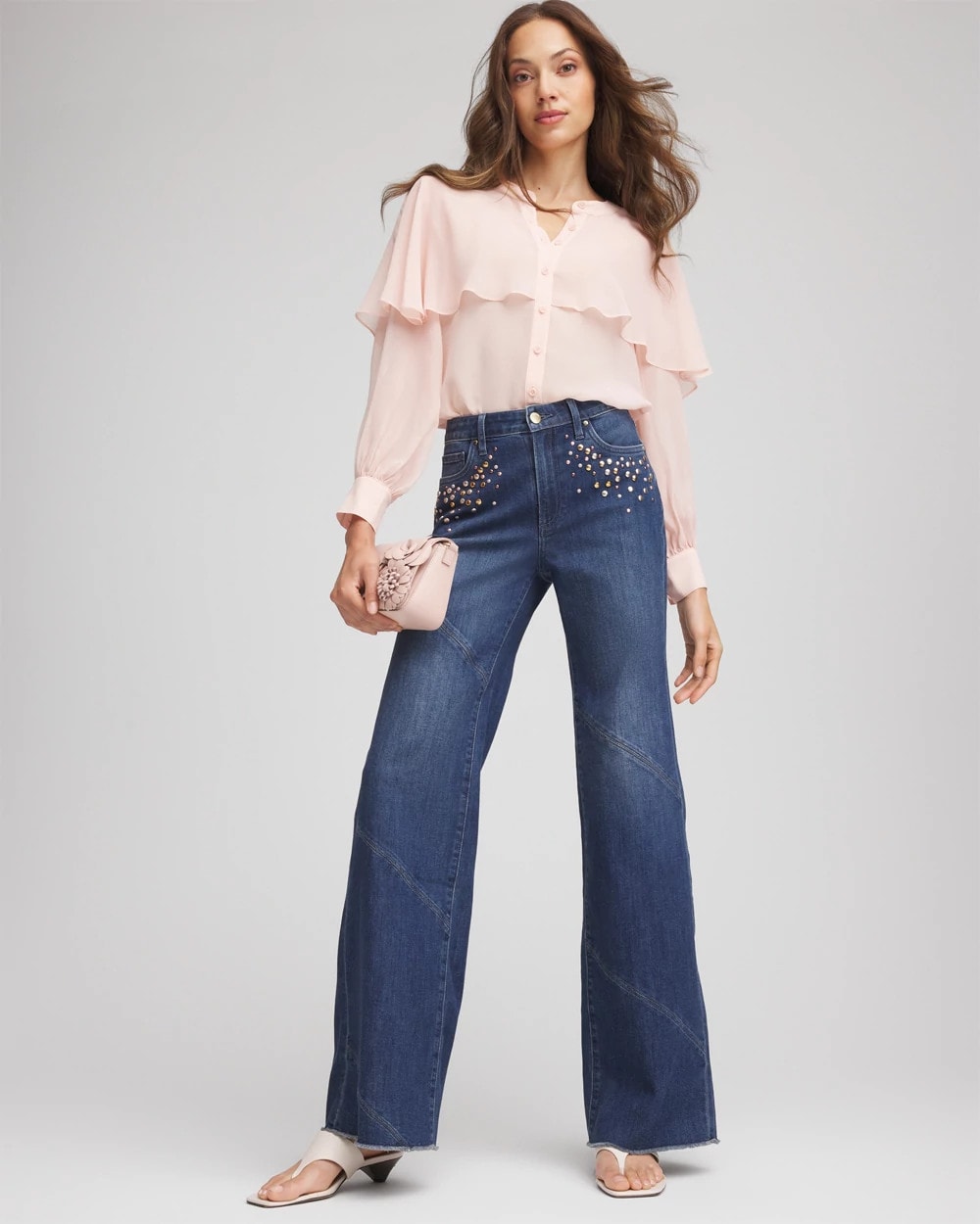 Chico's | Embellished Frayed Flared-Leg Jeans/ Irvina Indigo