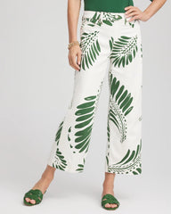 Chico's | Palm-Frond-Motif Pull-On Wide-Leg Cropped Jeans/ Ecru