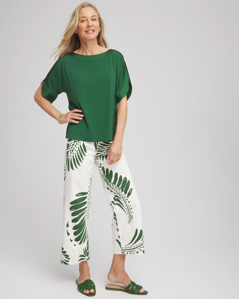 Chico's | Palm-Frond-Motif Pull-On Wide-Leg Cropped Jeans/ Ecru