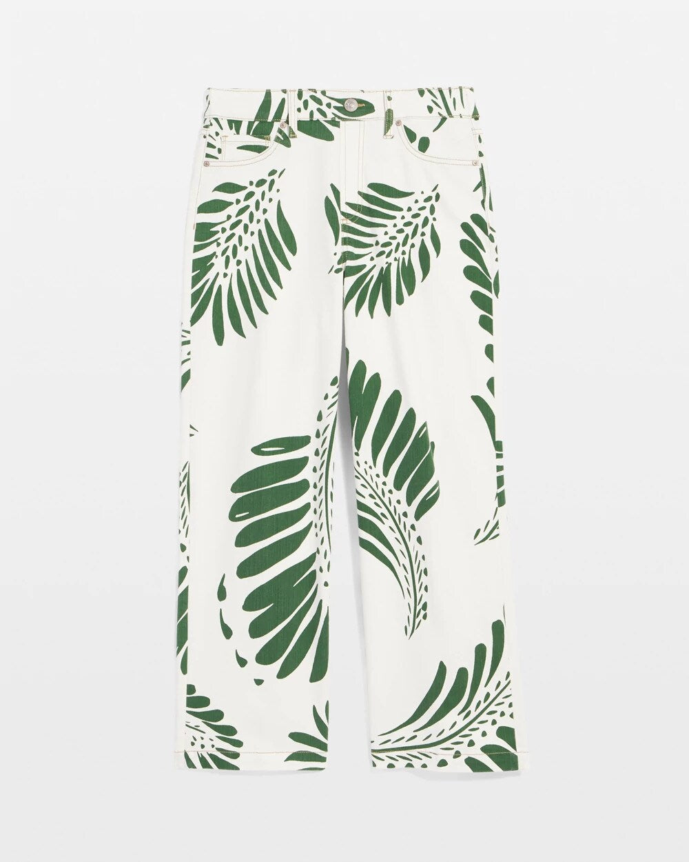 Chico's | Palm-Frond-Motif Pull-On Wide-Leg Cropped Jeans/ Ecru