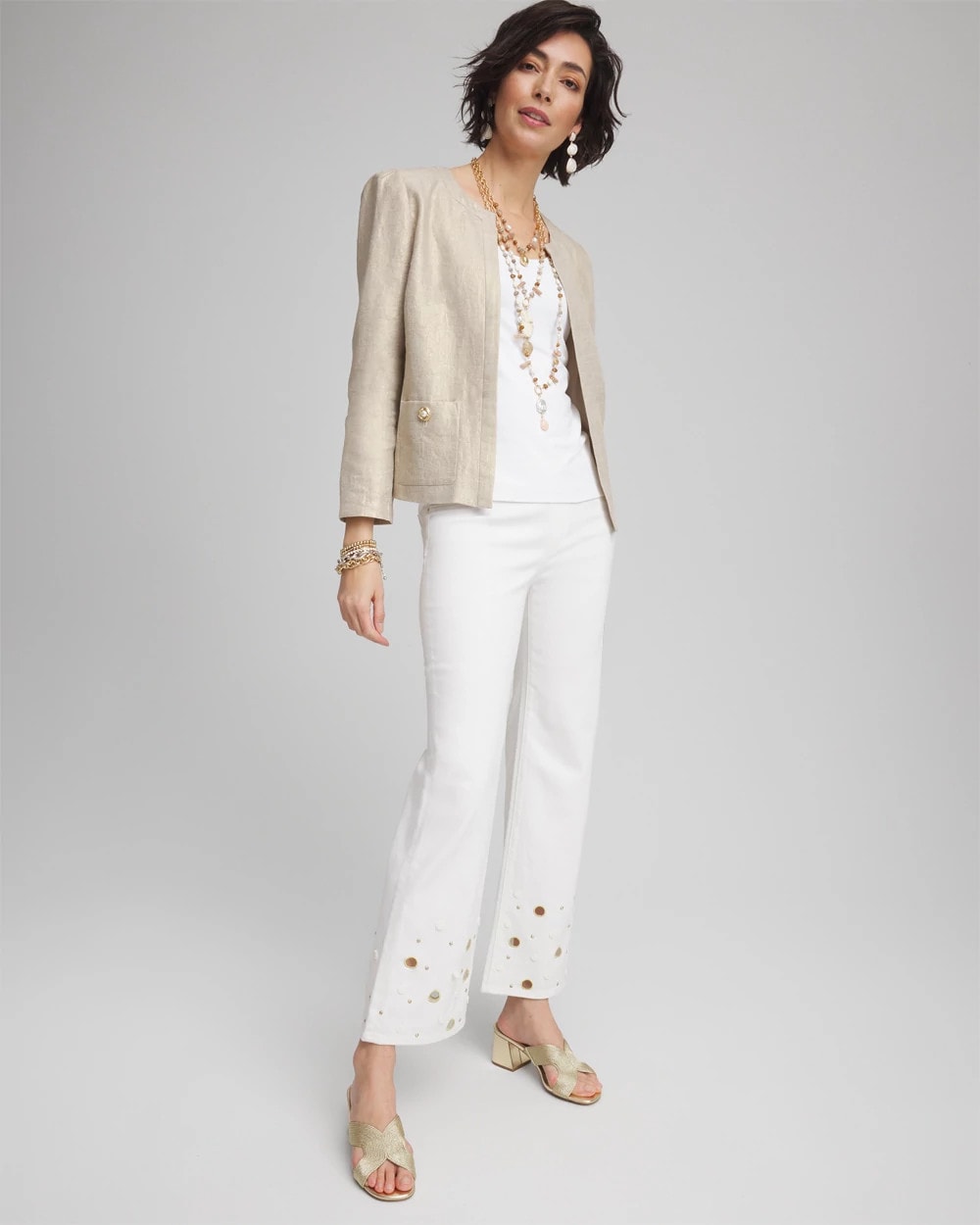 Chico's | Pull-On Embellished Straight-Leg Cropped Jeans/ Alabaster