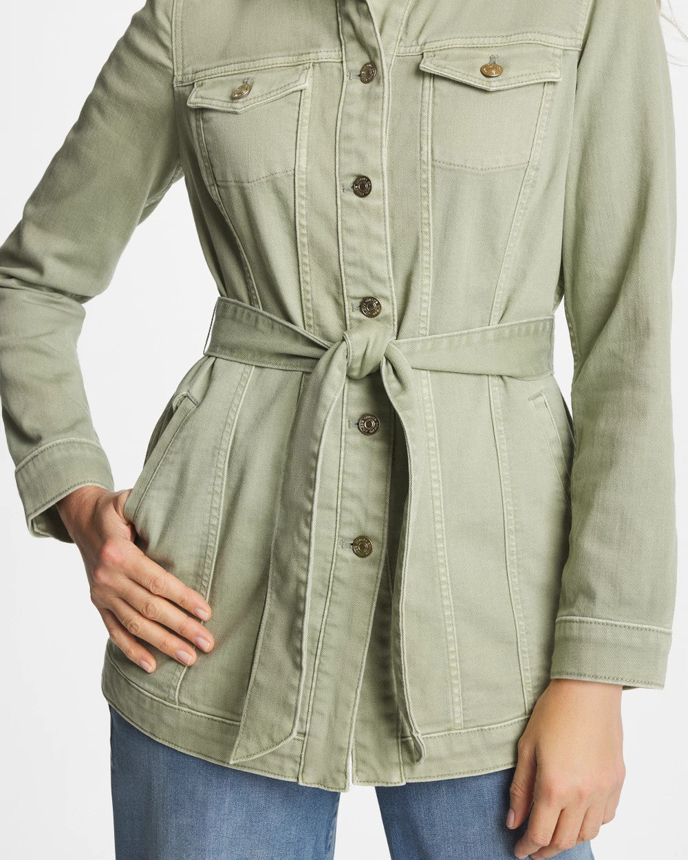 Chico's | Elongated Belted Denim Jacket/ Seagrass Green