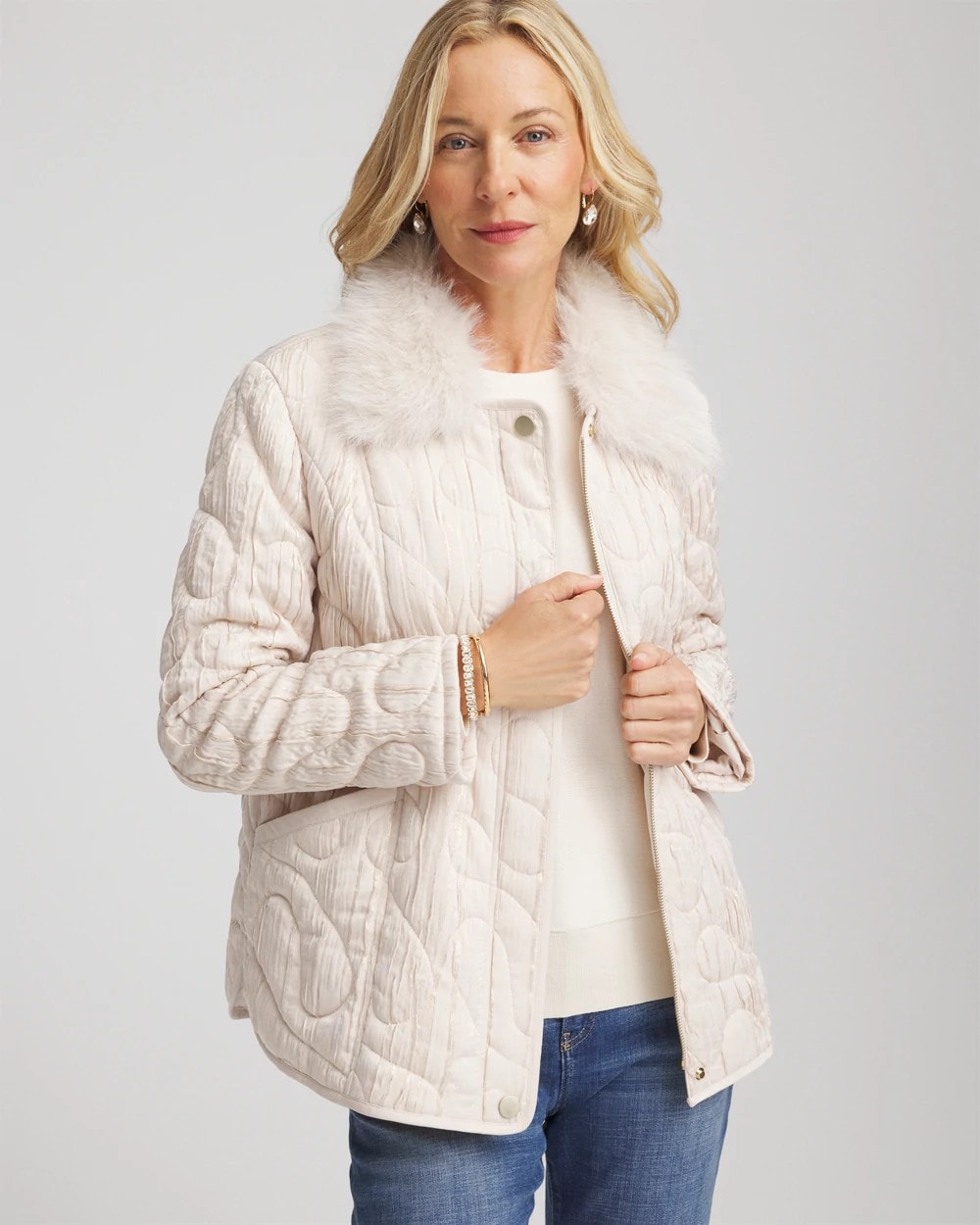 Chico's | Quilted Faux Fur Collar Jacket/ Cream