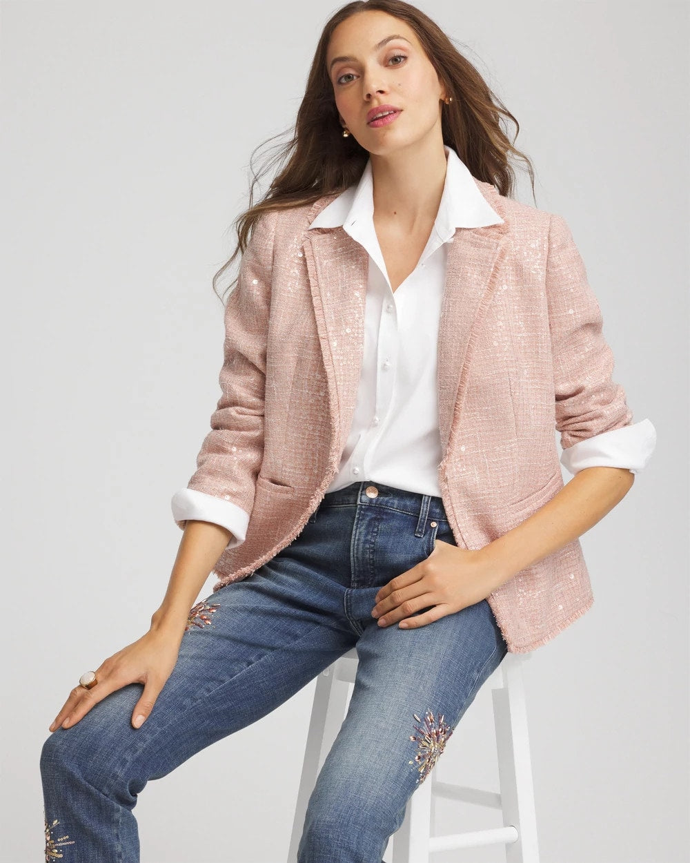 Chico's | Party Tweed Sequins Blazer/ Pink
