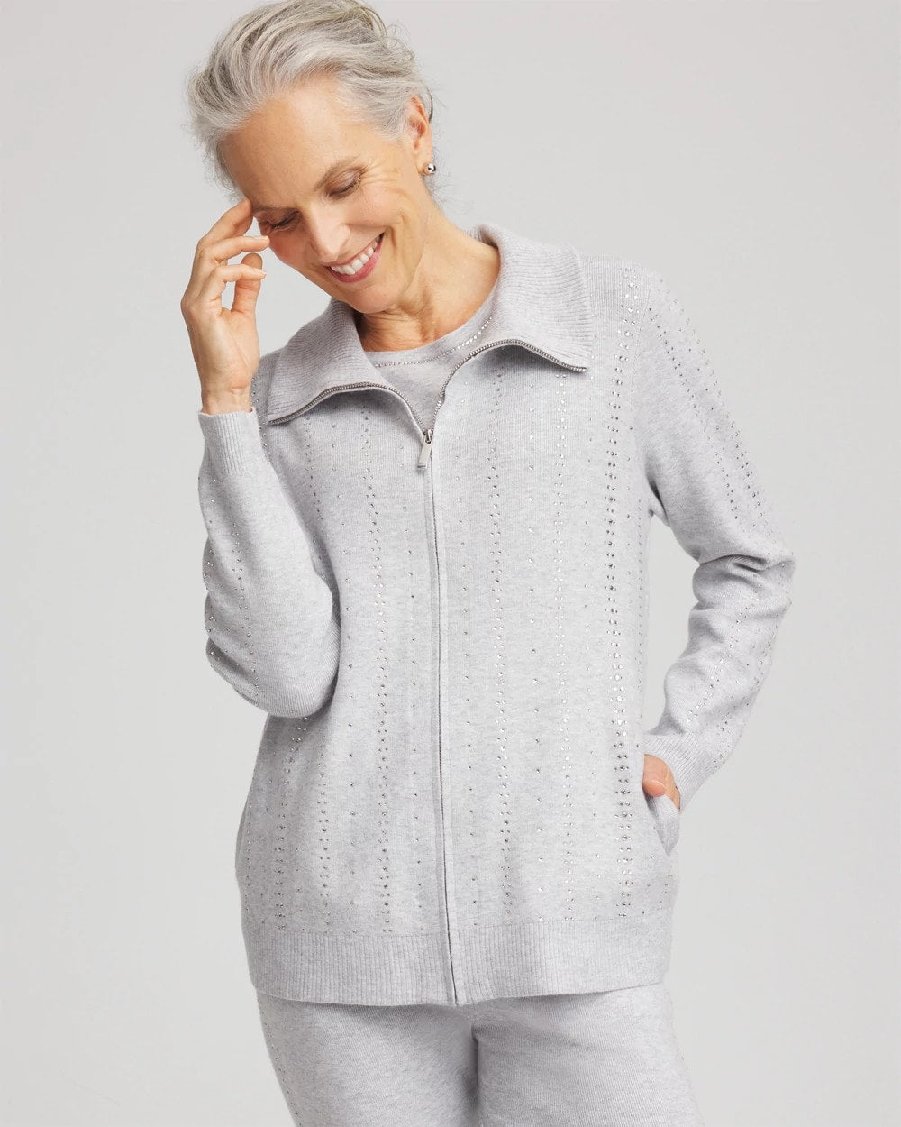 Chico's | Zenergy® Luxe Diamante Zip Cardigan/ Frosted Gray Heather