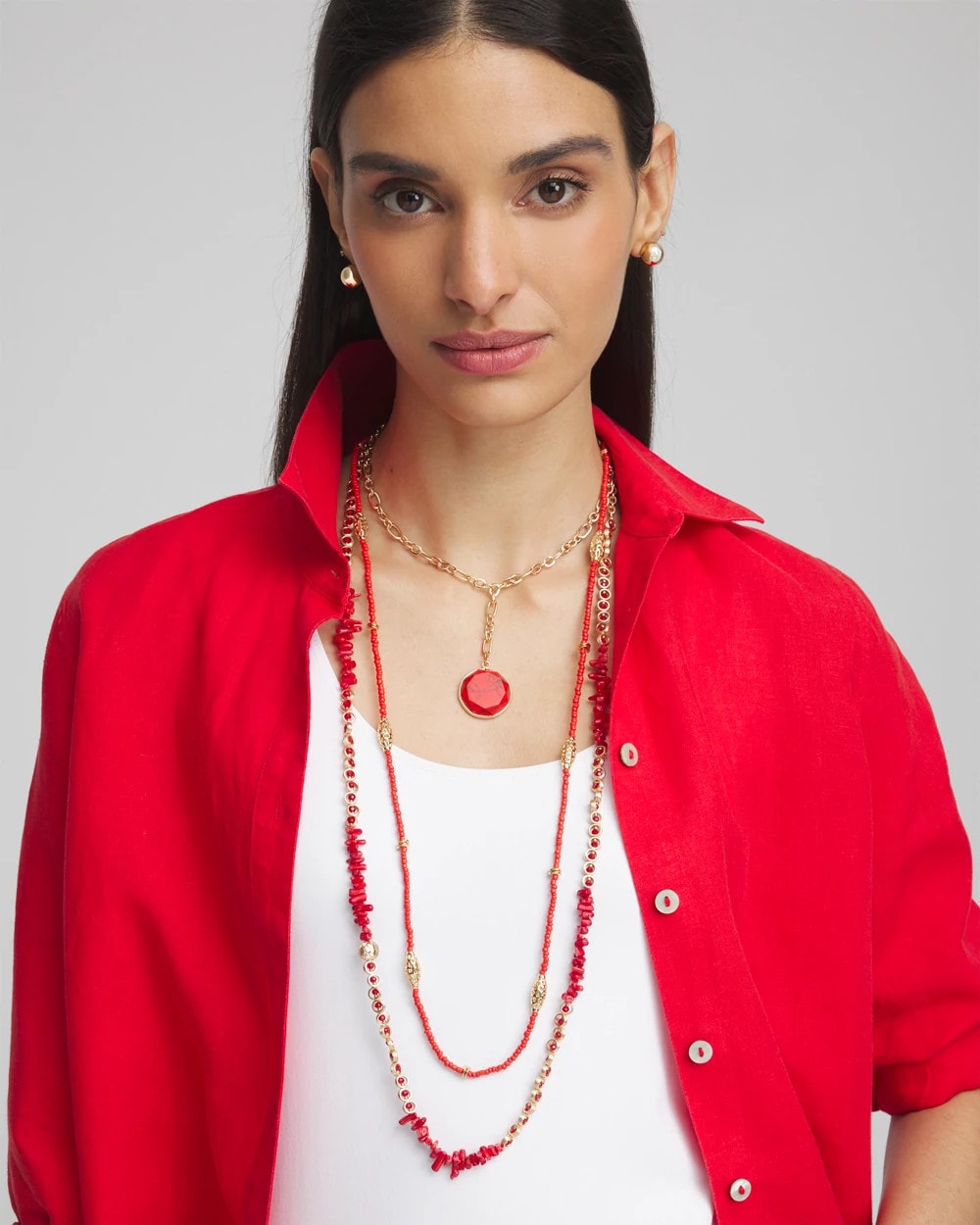 Chico's | Convertible Beaded Pendant Necklace/ Red