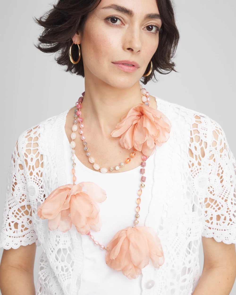 Chico's | Pink Floral Aventurine Long Single Necklace/ Pink