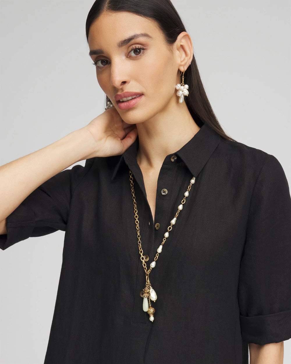 Chico's | Convertible Multi-Strand Jade & Faux Pearl Charm Necklace/ White/Gold