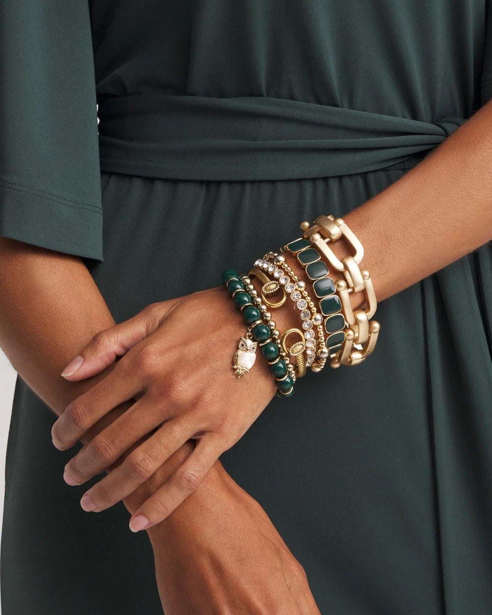 Chico's | Resin Goldtone Square Stretch Bracelet/ Darkest Spruce