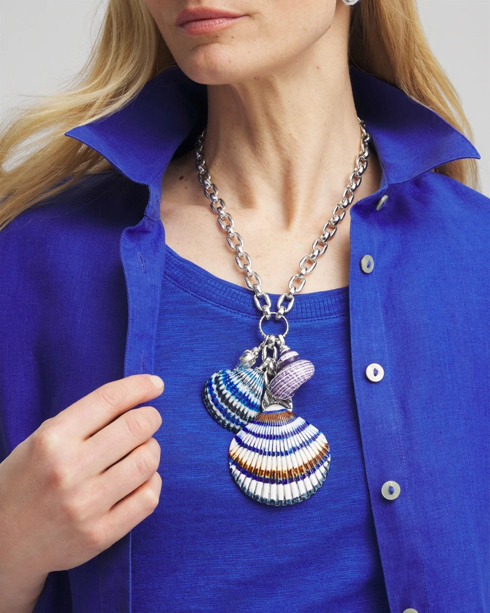 Chico's | Silver-Tone Seashell Pendant Necklace/ Blue And White