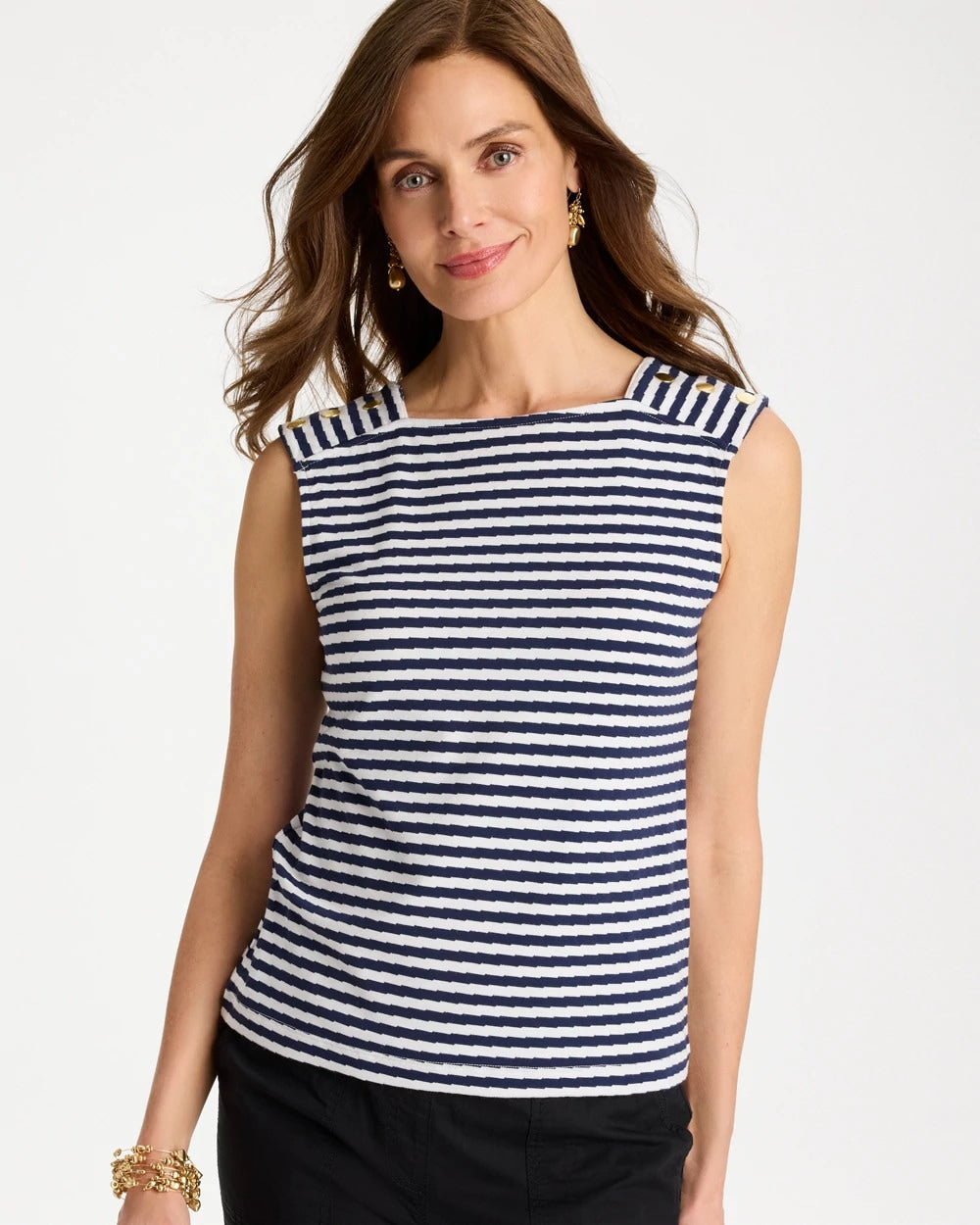 Chico's | Cotton Striped Button Tee/ Passport Blue