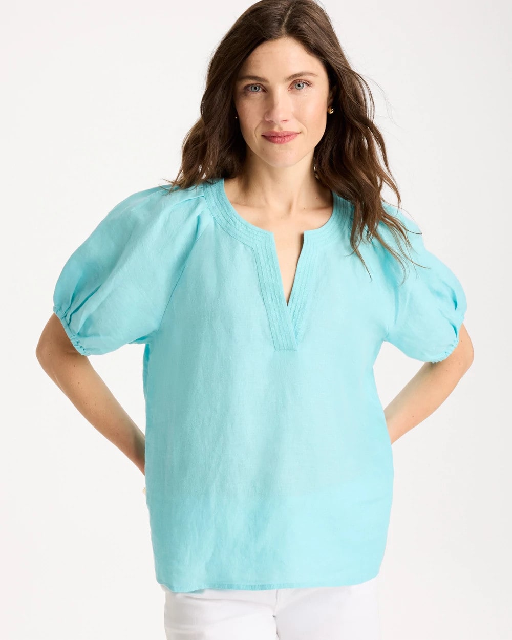 Chico's | Linen Trapunto Popover Top/ Bondi Blue