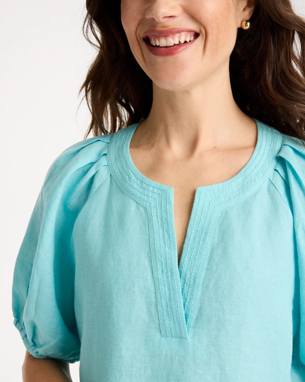 Chico's | Linen Trapunto Popover Top/ Bondi Blue