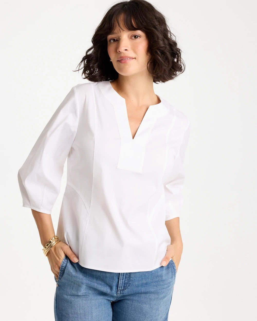 Chico's | Poplin Cotton 3/4 Sleeve Popover/ Alabaster