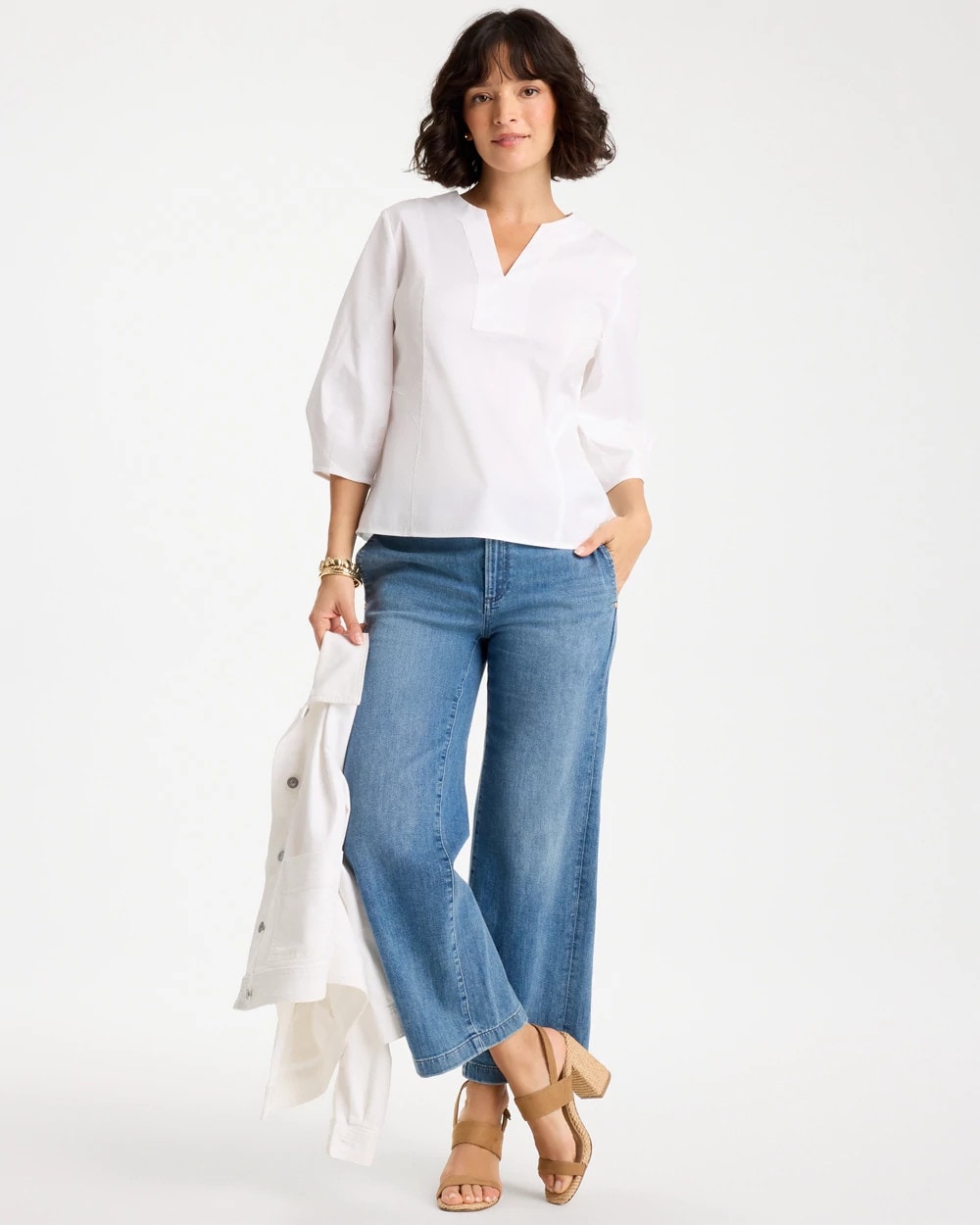 Chico's | Poplin Cotton 3/4 Sleeve Popover/ Alabaster