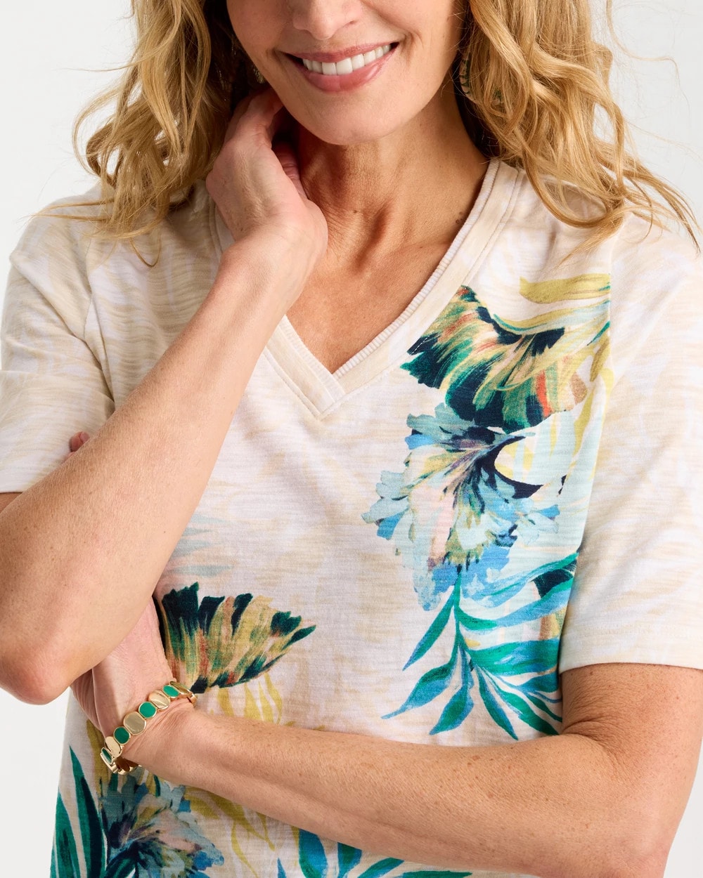 Chico's | Printed Cotton Slub V-Neck Tee/ Topanga Green