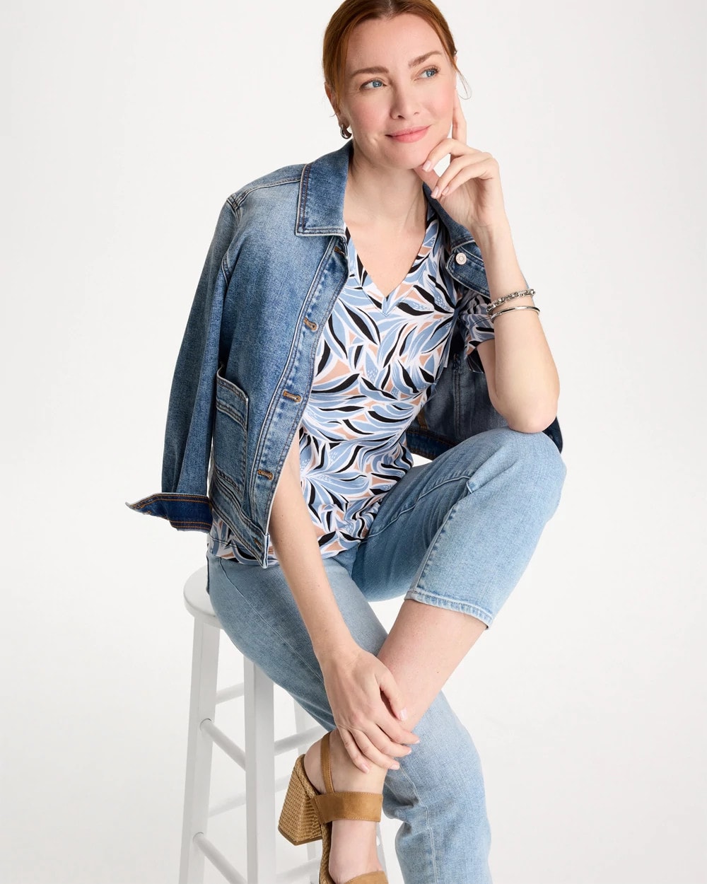 Chico's | Printed Pima Elbow-Sleeve Tee/ Blue Haven