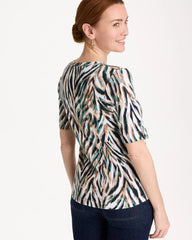 Chico's | Animal Print Pima Elbow-Sleeve Tee/ Lagoon Blue