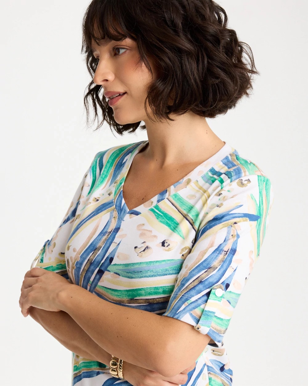 Chico's | Printed Pima Elbow-Sleeve Tee/ Topanga Green