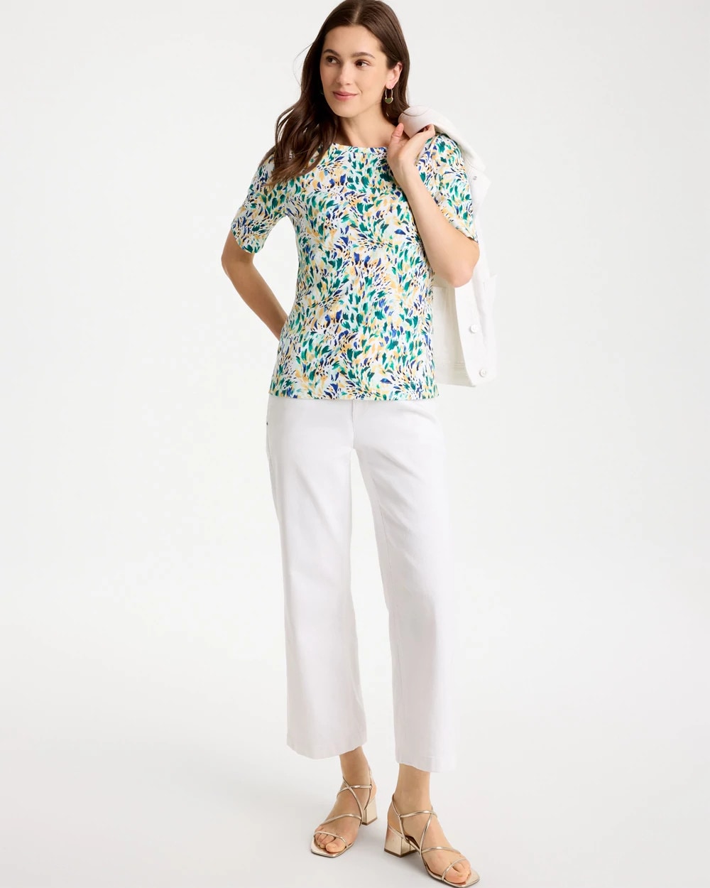 Chico's | Leafy Swamp Pima Elbow Sleeve Tee/ Topanga Green