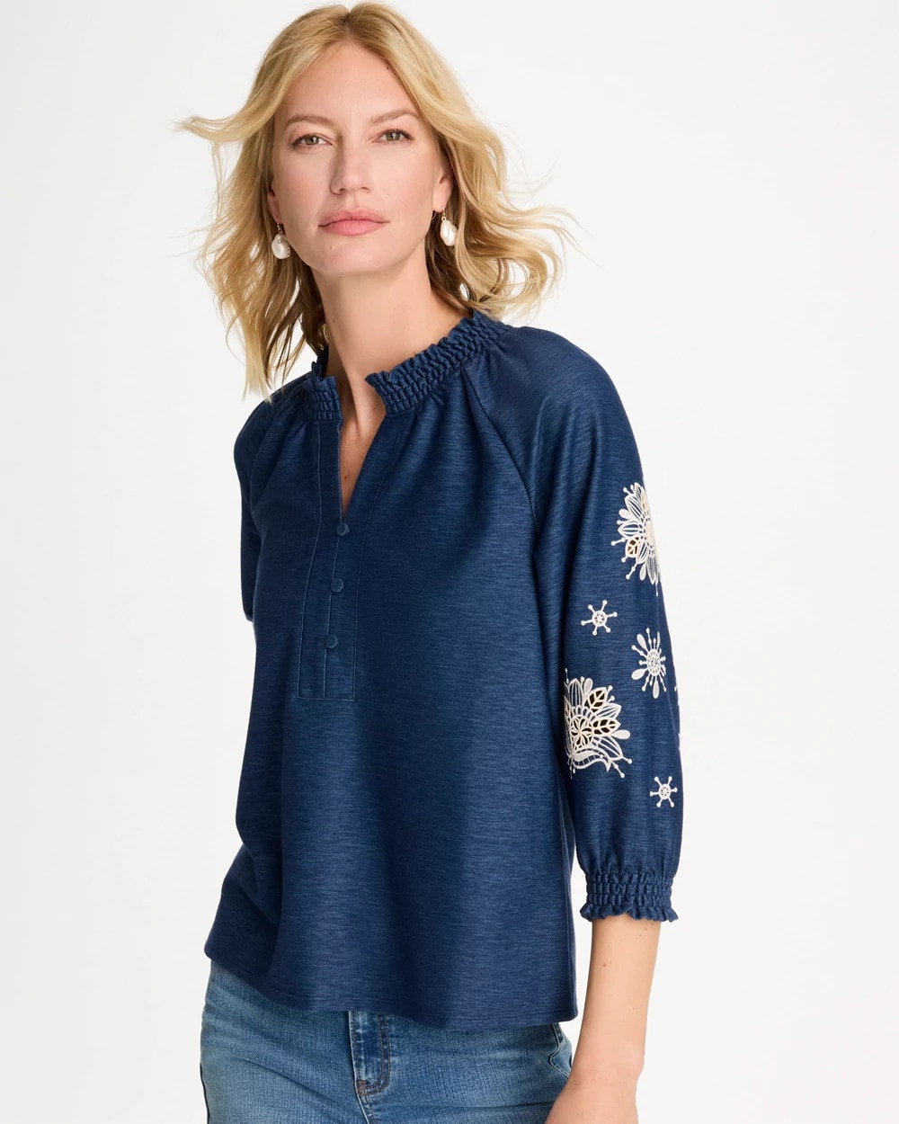 Chico's | Embroidered Denim Henley Tee/ Passport Blue
