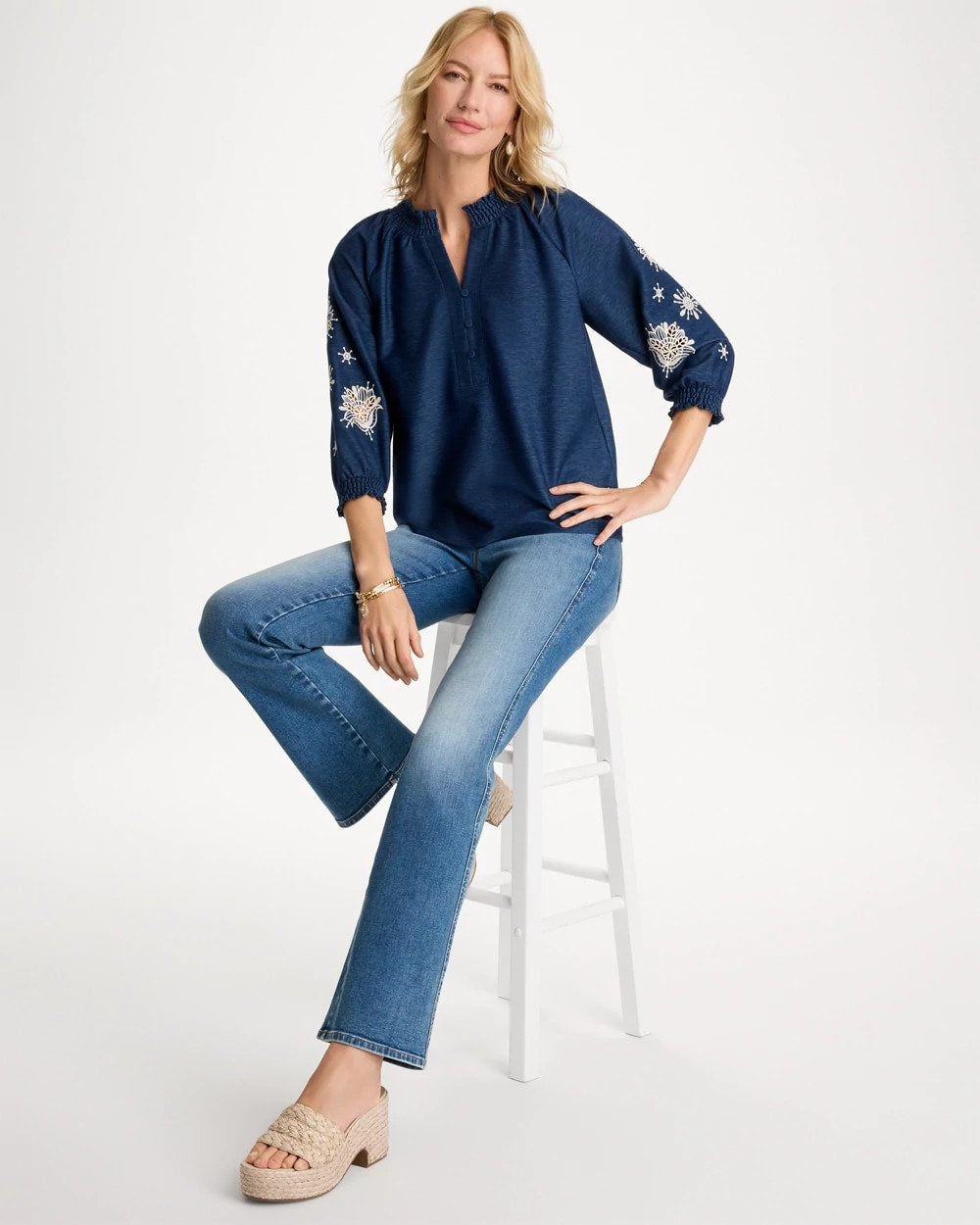 Chico's | Embroidered Denim Henley Tee/ Passport Blue