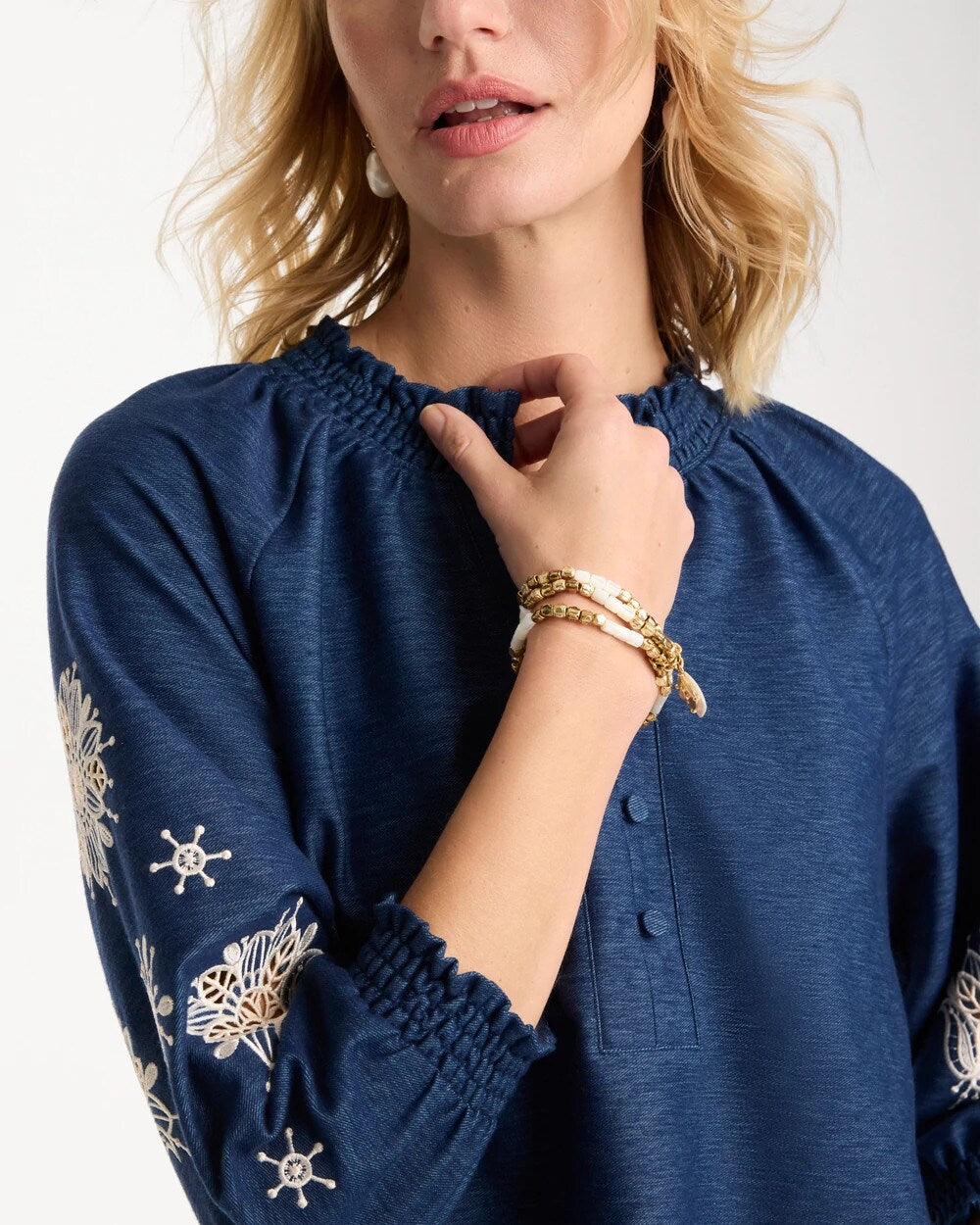 Chico's | Embroidered Denim Henley Tee/ Passport Blue