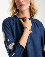 Chico's | Embroidered Denim Henley Tee/ Passport Blue