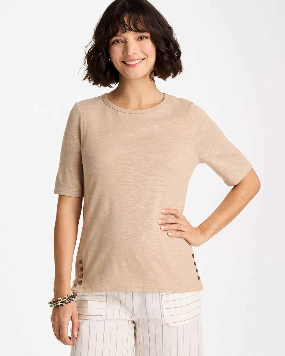 Chico's | Foil Print Cotton Slub Elbow-Sleeve Tee/ Mocha Mousse