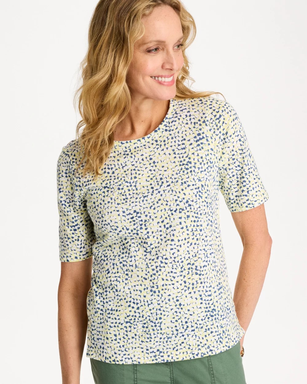 Chico's | Printed Cotton Slub Elbow-Sleeve Tee/ Sage Lime